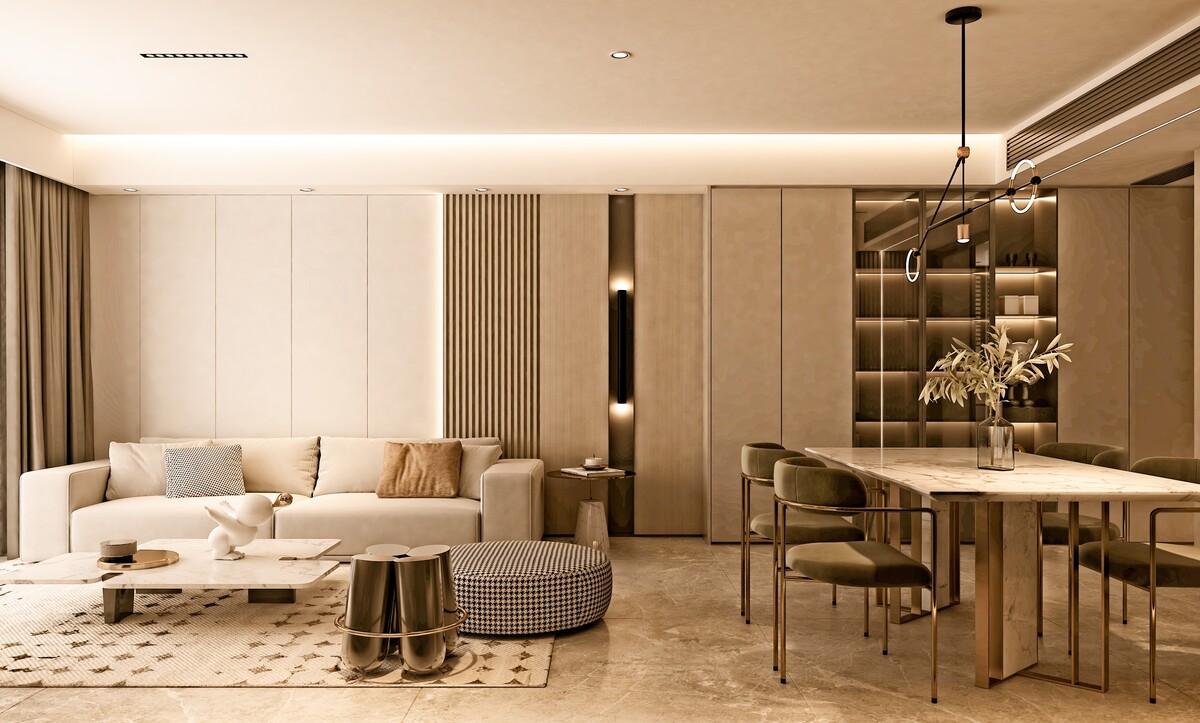 Salon ve yemek alanında tavana kadar duvar paneli