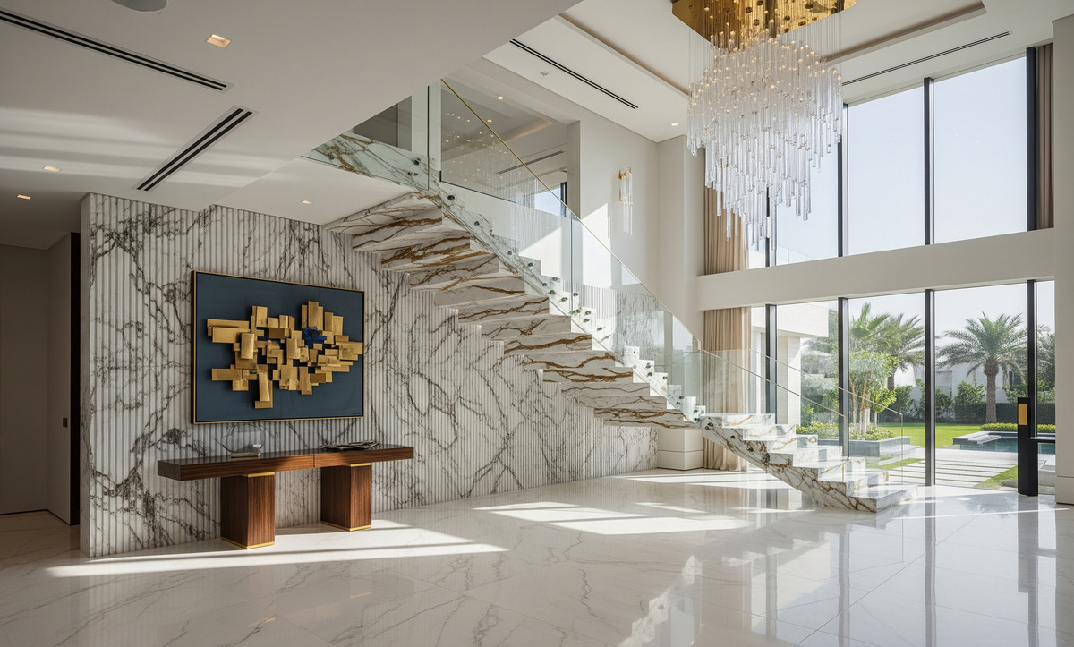 Dairesel merdivenli villa girişi