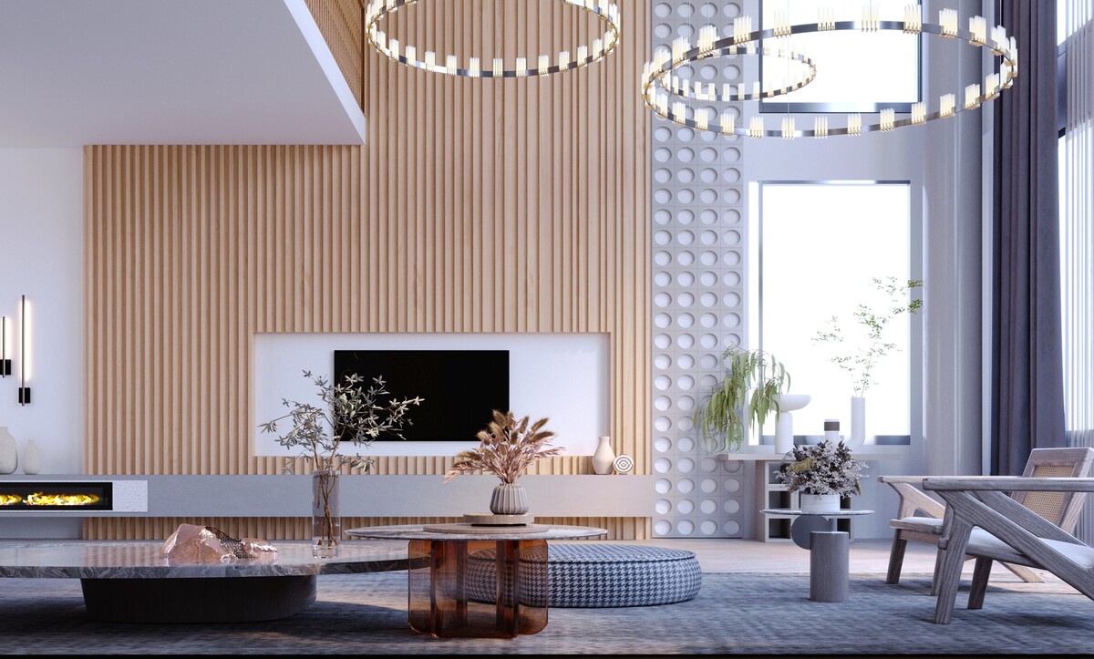 Halka avizeli ve ahşap çıtalı çift kat yükseklikli salon