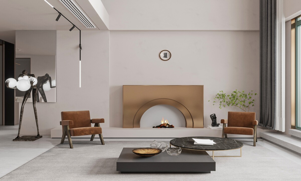Alçı duvarda kemerli bronz şömine çerçevesi