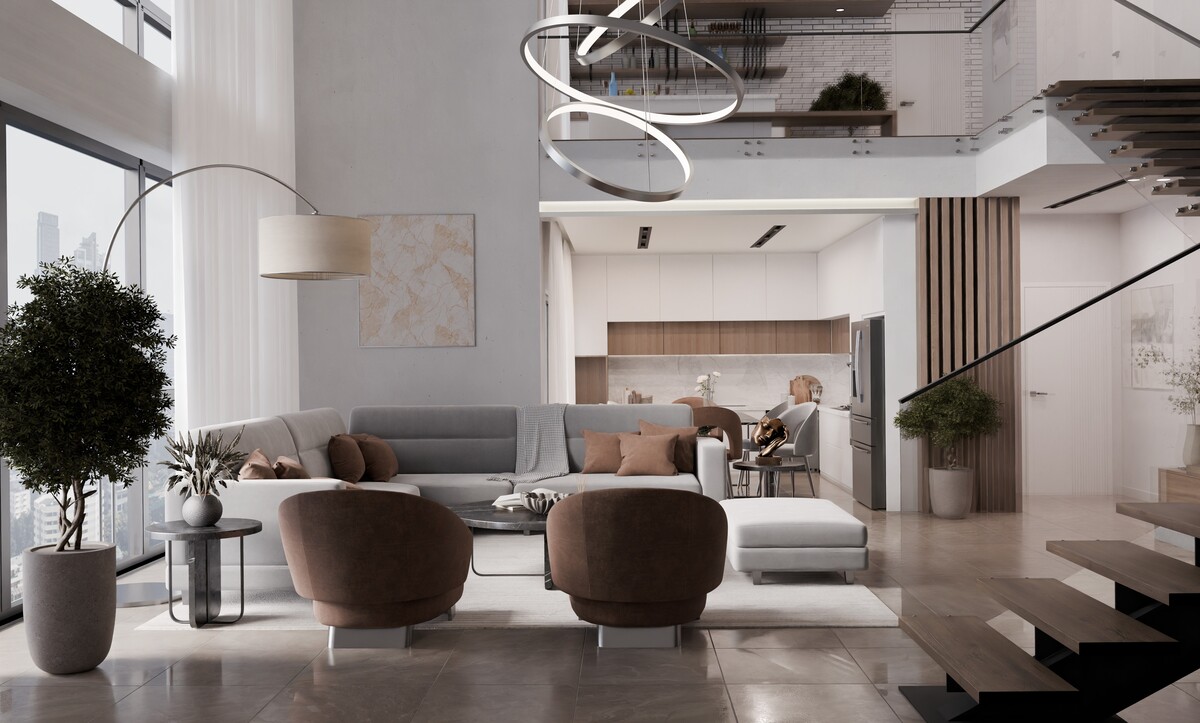 Halka avizeli ve açık merdivenli dubleks salon