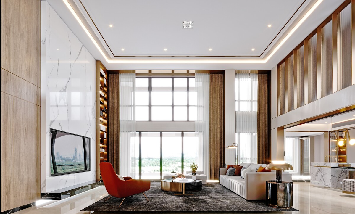 Pirinç bordürlü gömme tavanlı çift kat yükseklikli salon