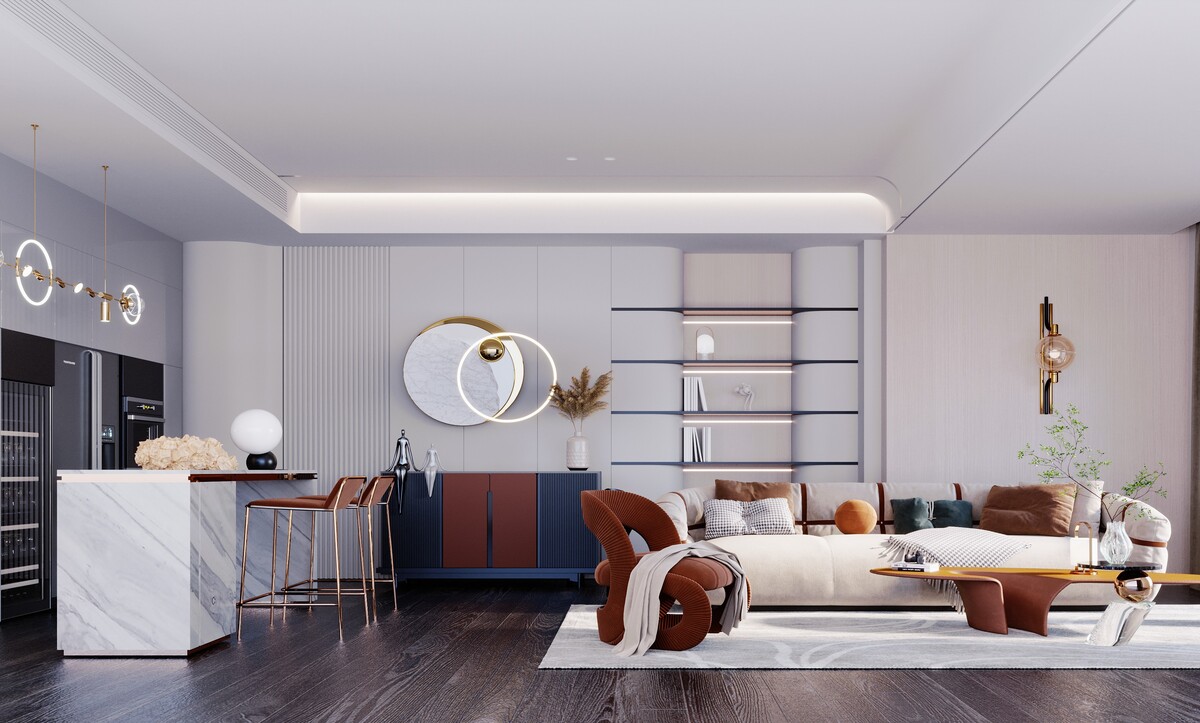 Open-plan living and kitchen with colour-blocked navy and rust sideboard
