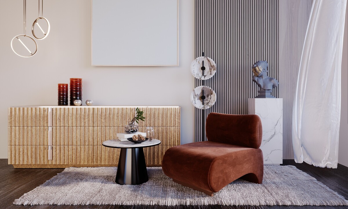 Fluted stone sideboard with rust suede lounge chair and marble plinth