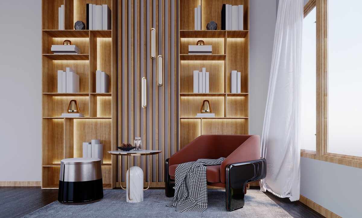 Backlit oak library wall with integrated LED shelf lighting