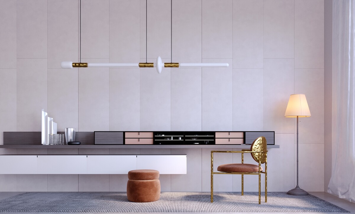 Wall-hung floating console run with no floor contact in a pale room