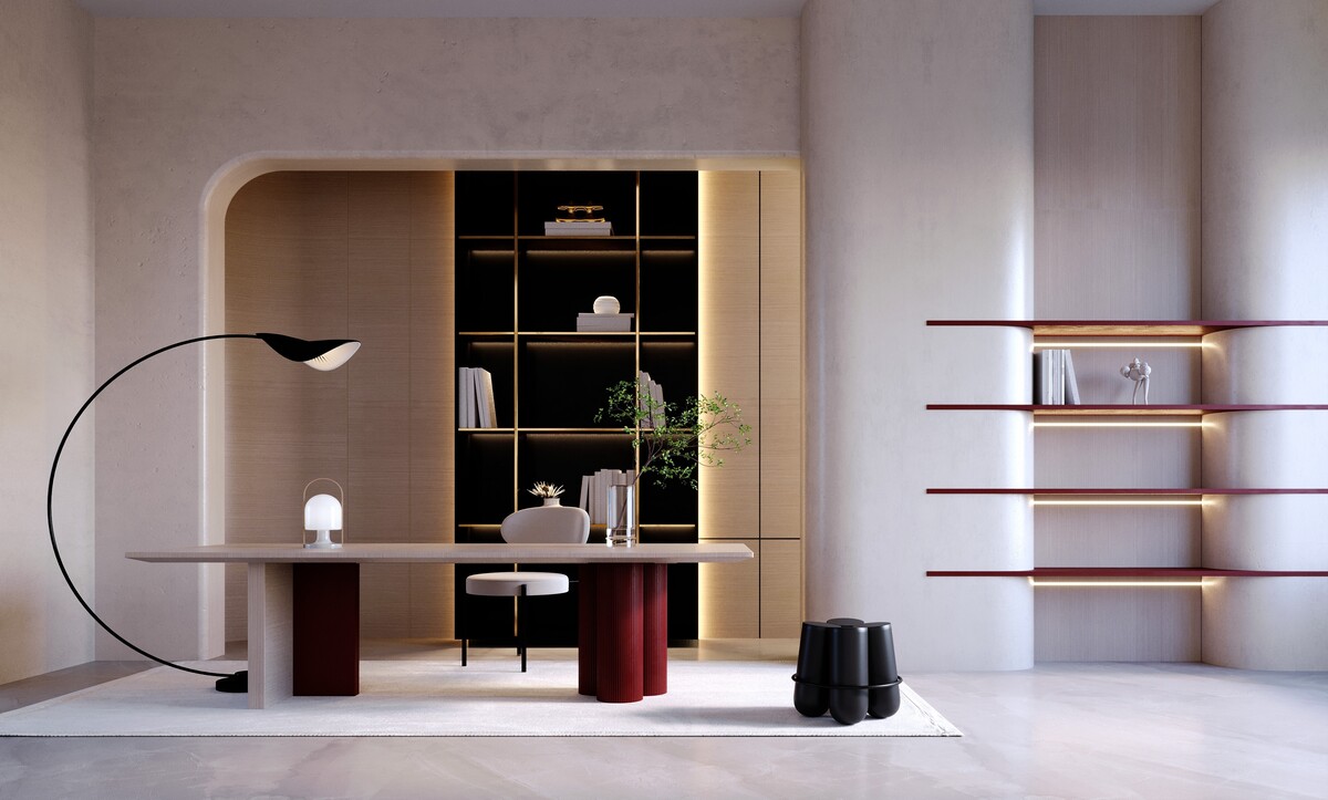 Home office with oxblood lacquered table legs and lit arched niche