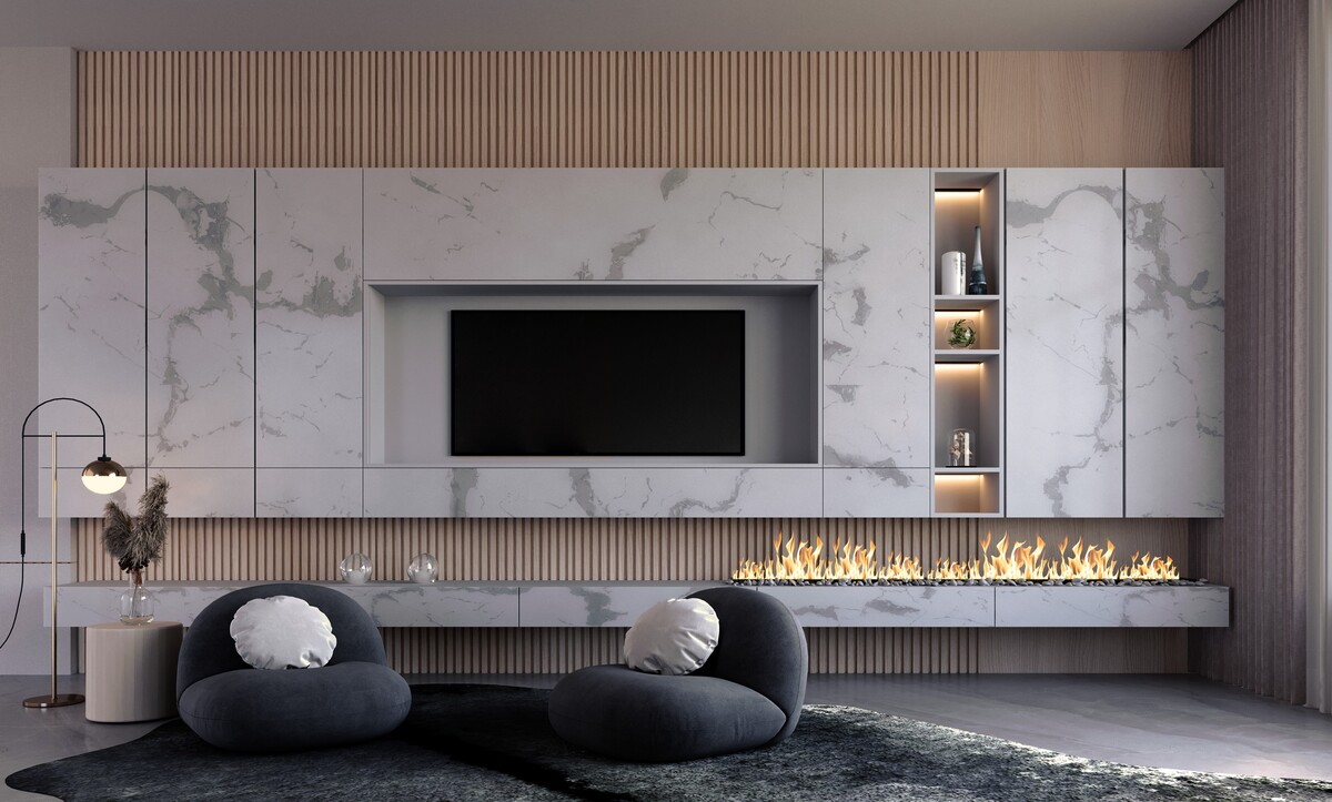 Full-wall marble media unit with recessed screen and linear fireplace