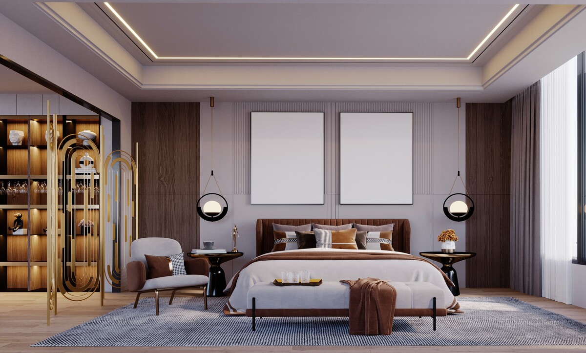 Luxury bedroom with chocolate brown velvet channelled headboard and brass screen