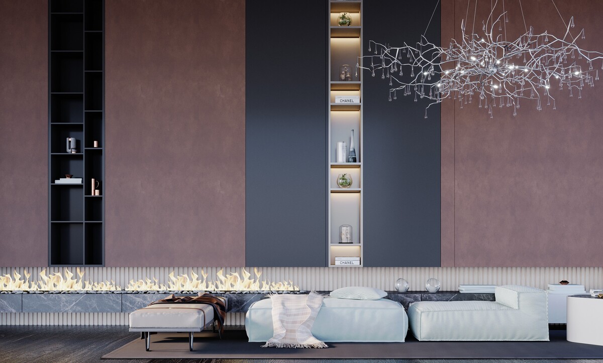 Living room with wall-length linear fireplace and colour-blocked plaster panels