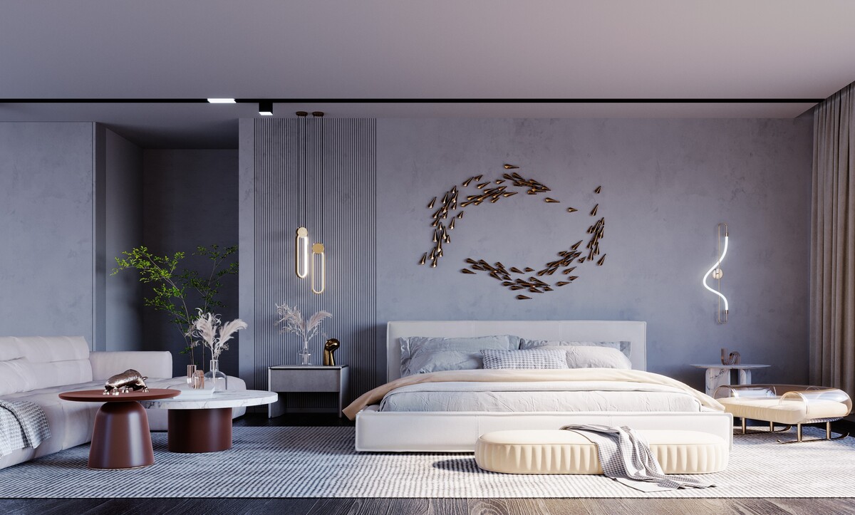 Grey microcement bedroom with brass sculptural wall art above the bed