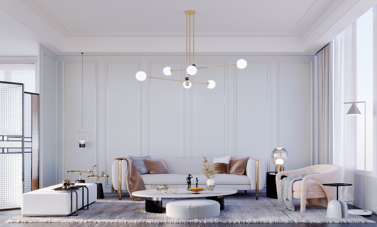 Pale panelled living room with fine brass inlay and gold sputnik chandelier