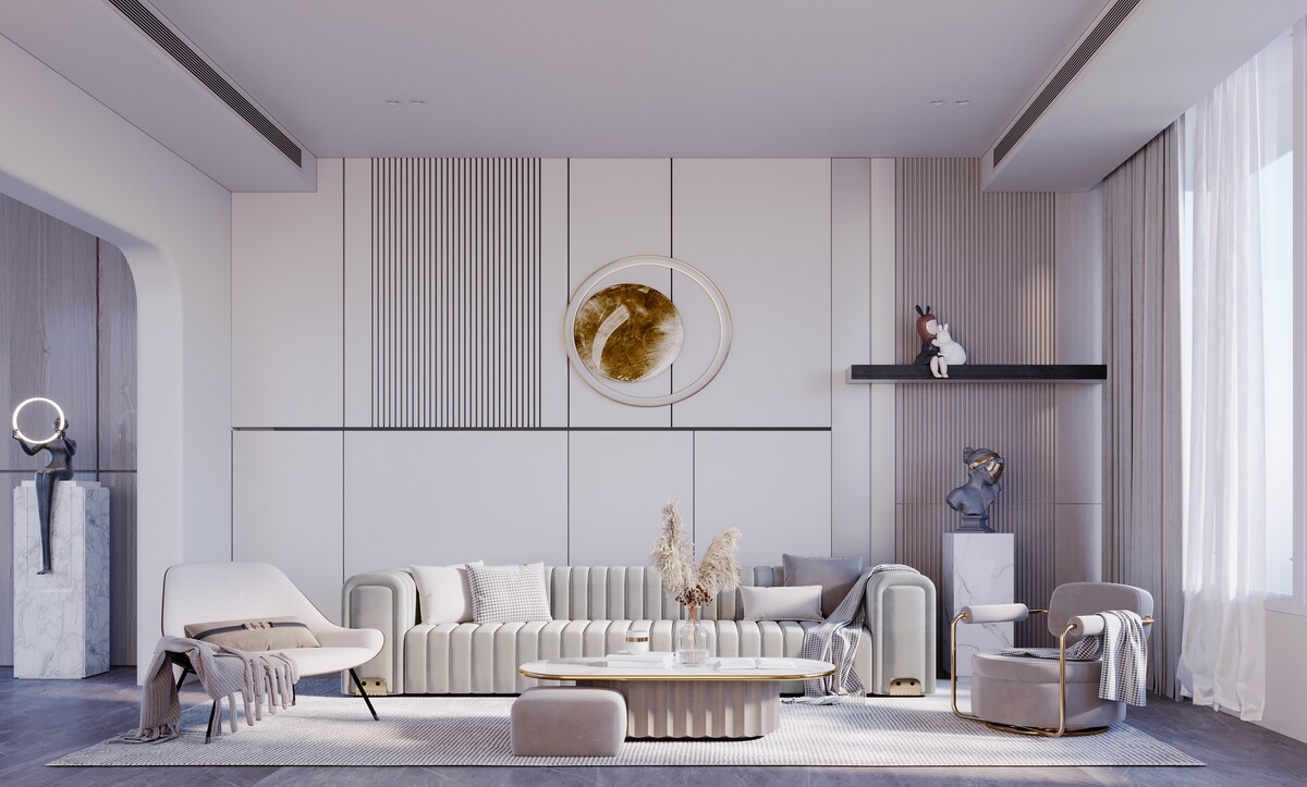 Tone-on-tone white living room with fluted wall panels and ribbed sofa