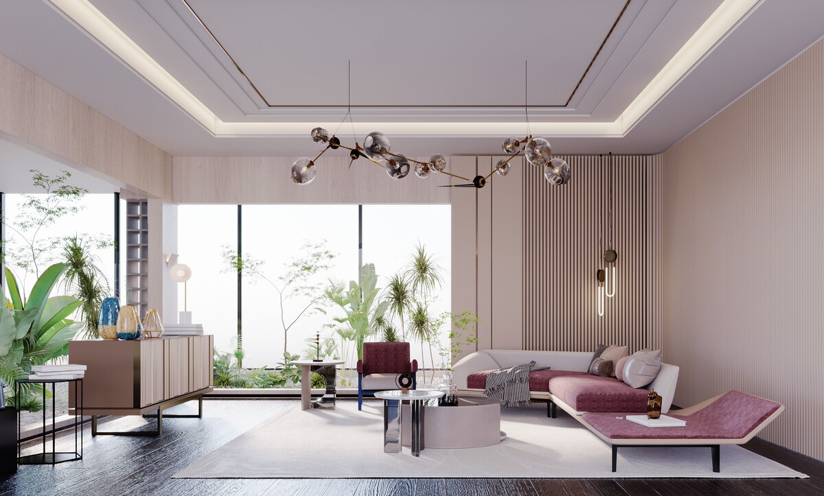 Dusty plum seating in a garden-facing room with full-height glazing