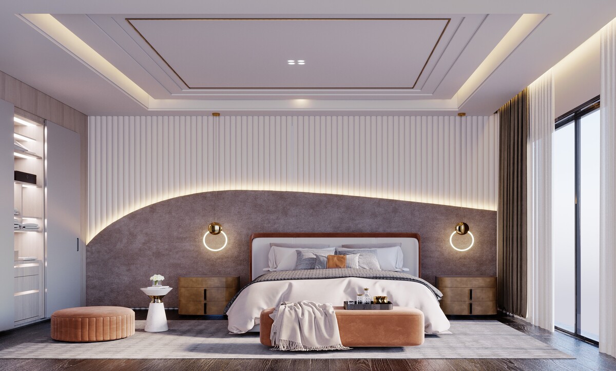 Curved upholstered bedroom wall with concealed cove lighting
