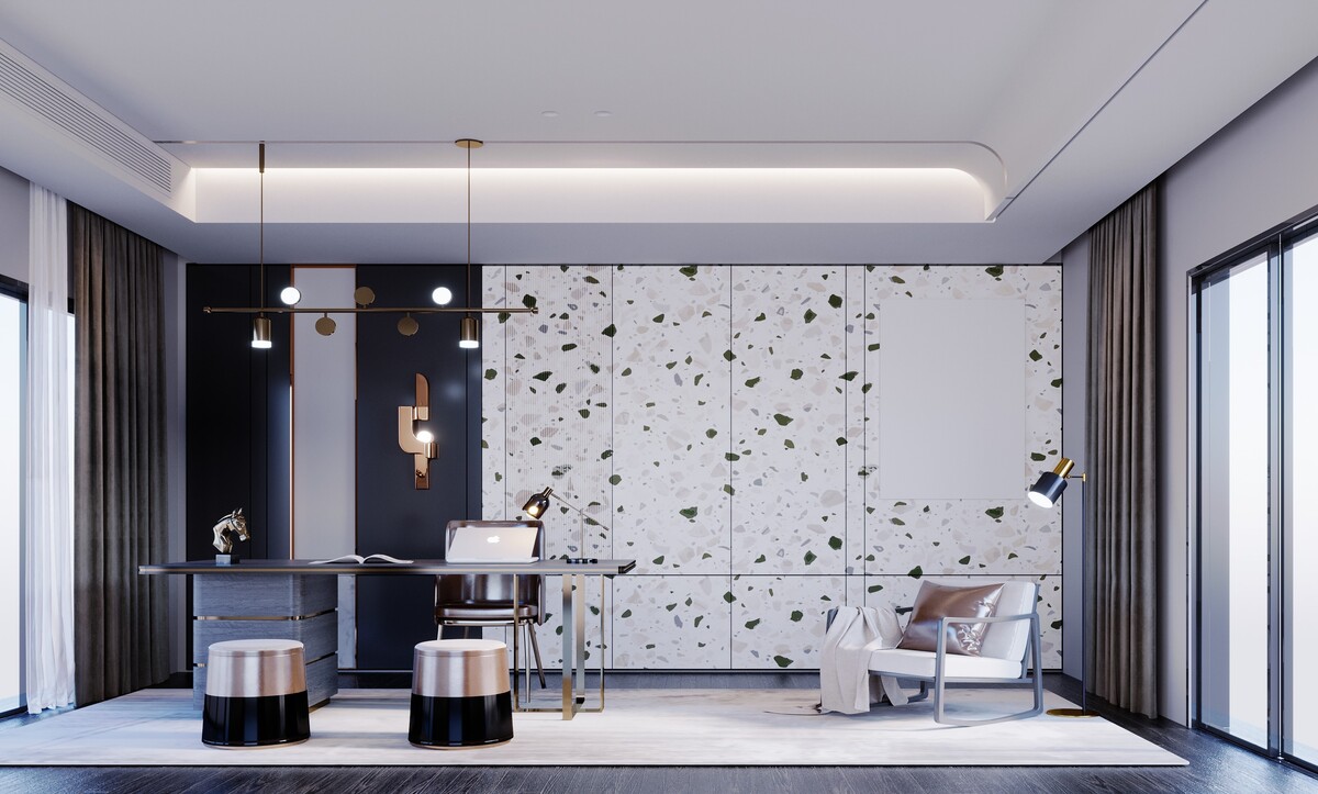 Home office with a full-height terrazzo panel wall and black lacquer joinery