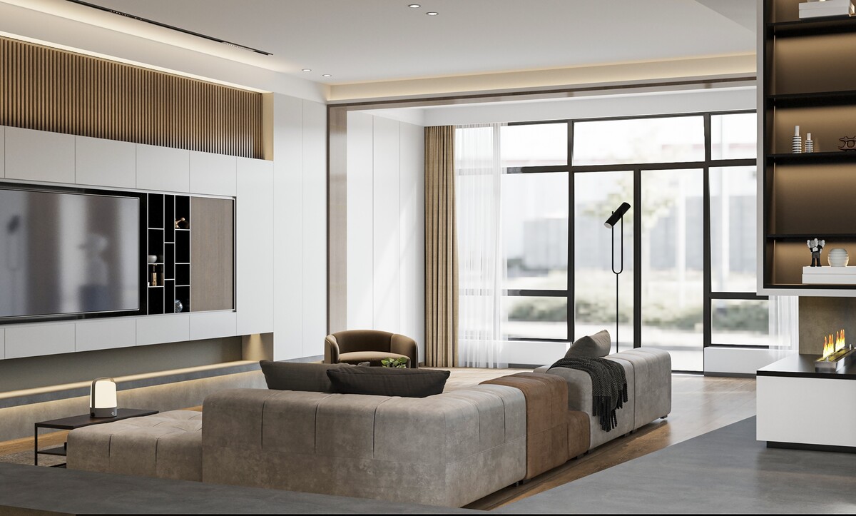 Çift kat yükseklikli loft yaşam alanında koyu ahşap medya duvarı