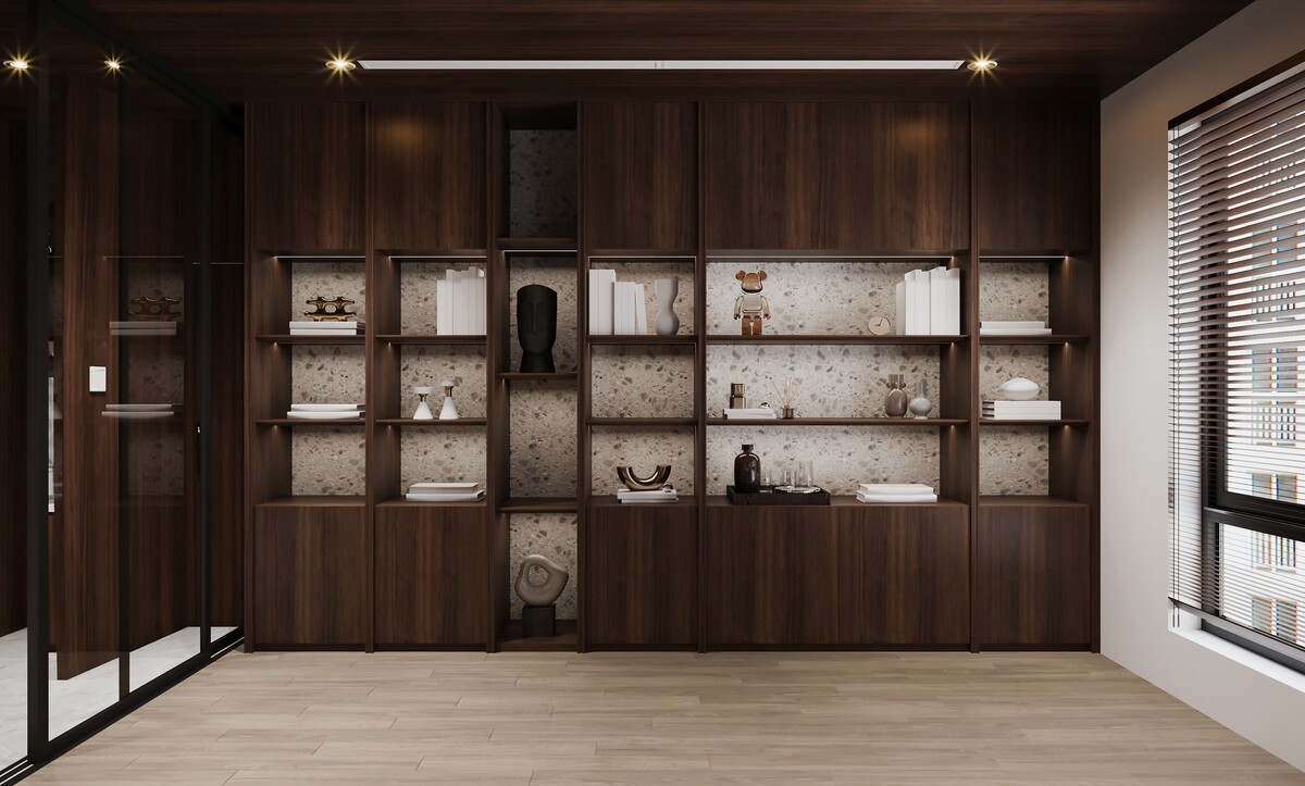 Terrazzo arkalıklı ve raf aydınlatmalı ceviz kütüphane duvarı