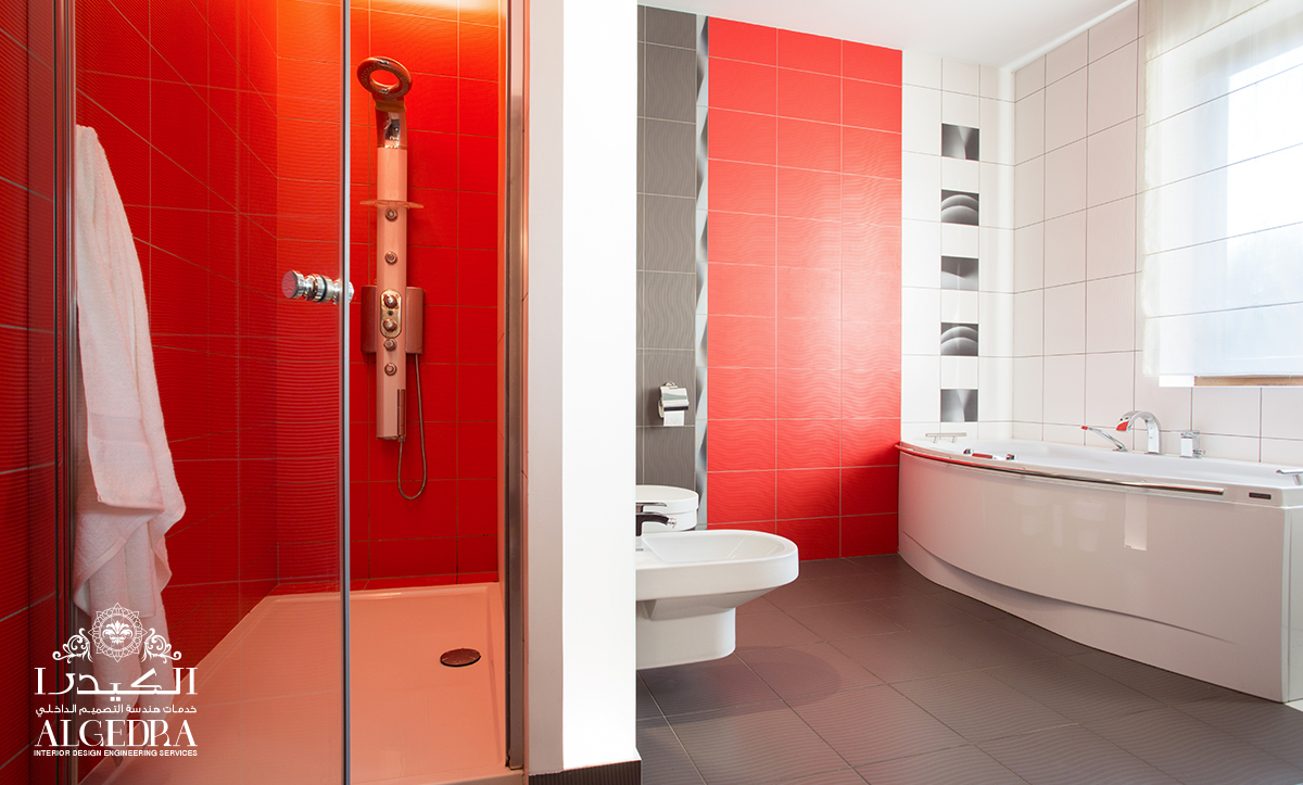 bold red with a grey floor bathroom
